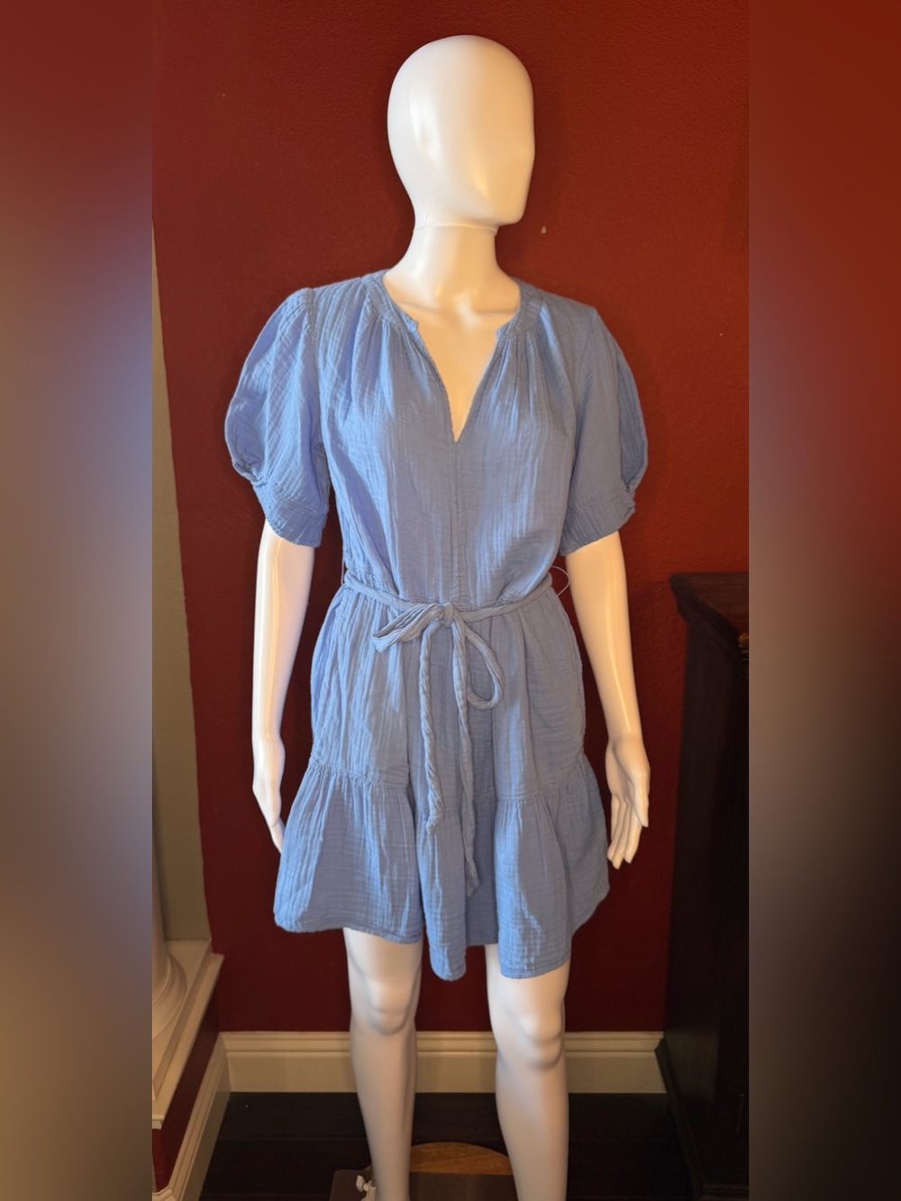 Xírena Alyssa Cotton Gauze V-Neck Mini Dress Blue XS
